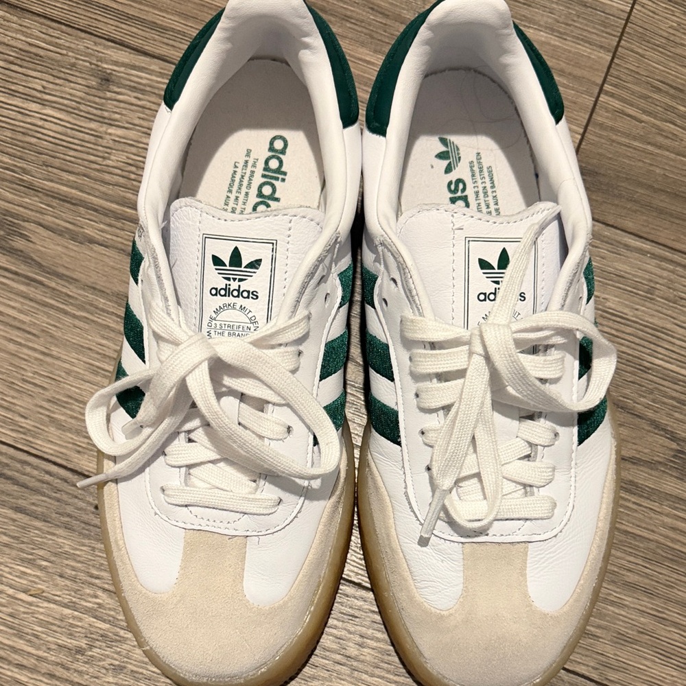Women’s adidas White Leather Sneakers with Green Stripes and Gum Sole - Picture 8 of 11